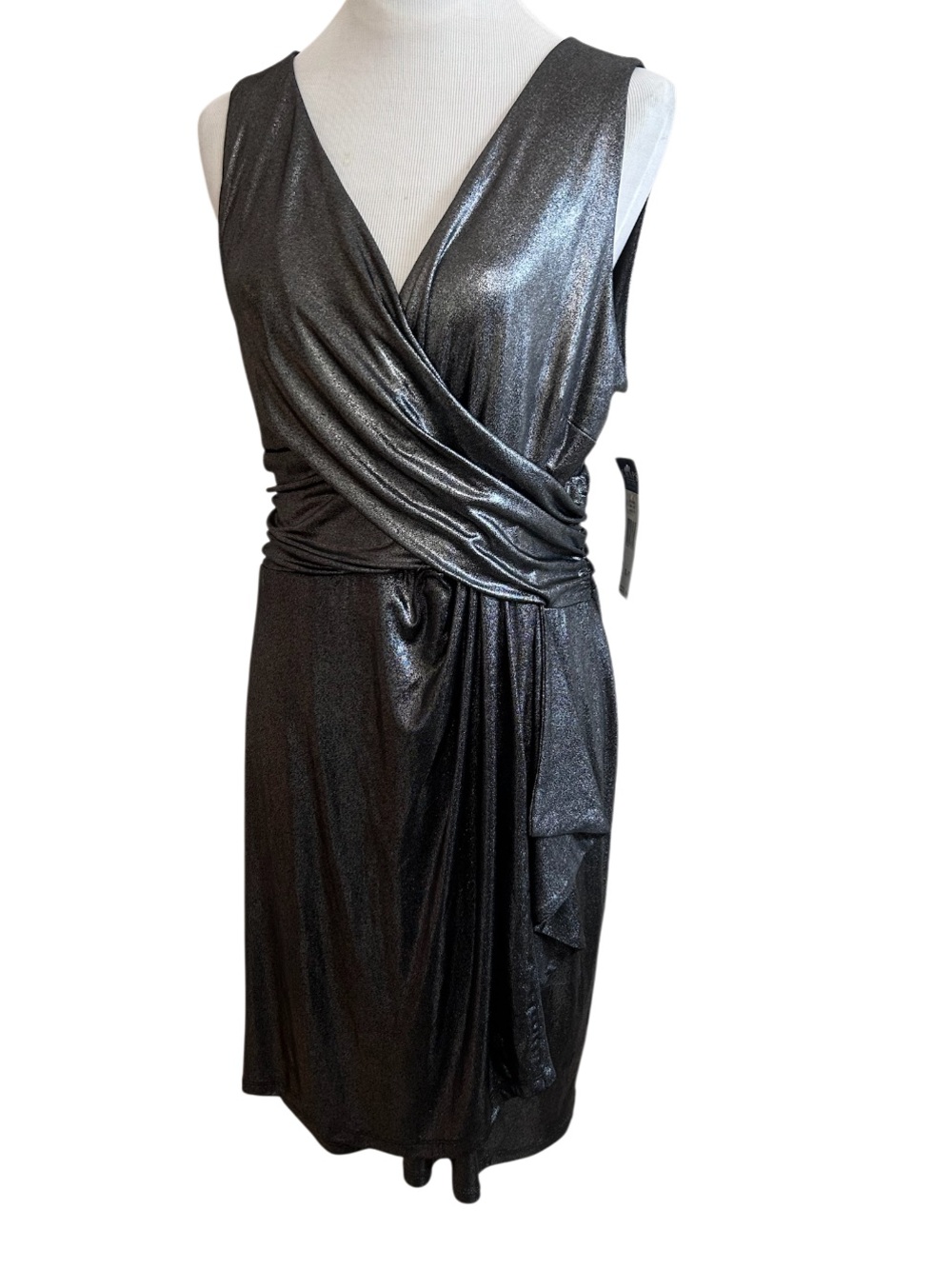 NWT Chaps Metallic Silver Sleeveless Faux Wrap Midi Dress Size. XLP XL Petite
